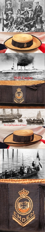A Superb and Very Rare Imperial German Naval Service Issue Straw Hat From SMS Emden One of The Most Famous Warships of WW1, It Sunk or Captured 23 Allied Ships, and 60 Allied Ships Took Part in the ‘Hunt-for-the-Emden’ Before She Was Sunk.