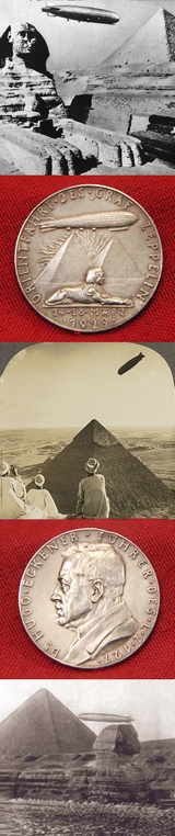 Original. Most Rare, A1929 Zeppelin Orientfahrt Over Egypt. The Zeppelin's Oriental Flight Over The Pyramids & Sphinx'. An Awarded Table Medal In Solid, Fine Silver. Len Deighton, World Renown Thriller & Spy Novelist Wrote a Book on The Very Flight