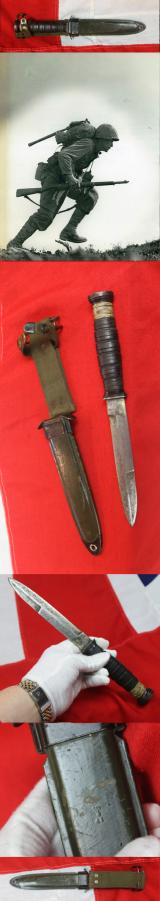 An American WW2, M3 Pattern, Fighting Knife, in its Beckwith Manufacturing Company, Victoria Plastics, M8 Scabbard