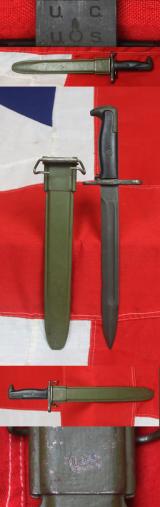WW2 Circa 1943 Knife Bayonet for M1 Garand Rifle & Model M1, in its Olive Green, US Flaming Grenade Stamped Scabbard