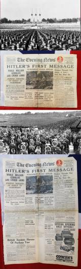 Front Page of the Evening News Sept 6th 1938. 'Hitler's First Message', From the Nuremberg Rally
