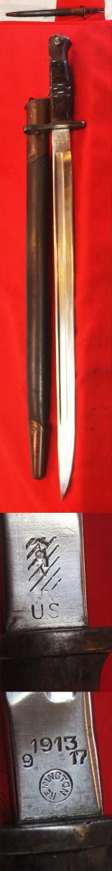 Rare WWI Remington 1913, 1917 Dated Sword Bayonet With Black Leather Scabbard and Belt Mount, Made For The P14 Rifle