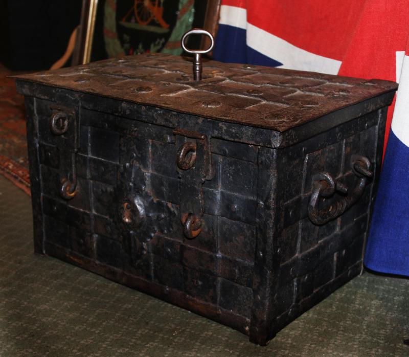 An Exceptional And Rare, Late-Renaissance, 1500's to Early 1600's, Nuremberg, Iron, Strongbox or Ship's Treasure Chest, With its Original Key. Used Aboard Galleons To Store The Ship's Bullion or Treasure
