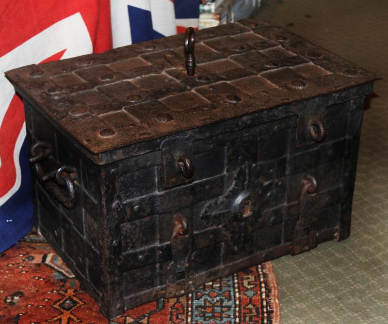An Exceptional And Rare, Late-Renaissance, 1500's to Early 1600's, Nuremberg, Iron, Strongbox or Ship's Treasure Chest, With its Original Key. Used Aboard Galleons To Store The Ship's Bullion or Treasure