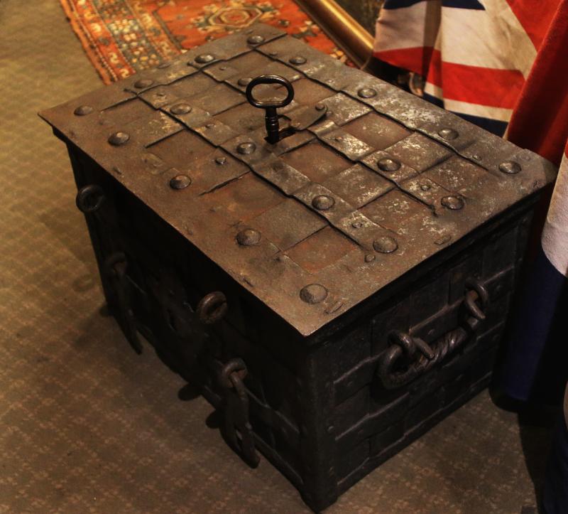 An Exceptional And Rare, Late-Renaissance, 1500's to Early 1600's, Nuremberg, Iron, Strongbox or Ship's Treasure Chest, With its Original Key. Used Aboard Galleons To Store The Ship's Bullion or Treasure