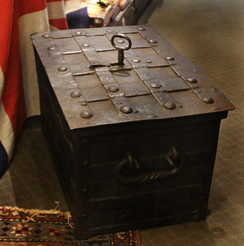 An Exceptional And Rare, Late-Renaissance, 1500's to Early 1600's, Nuremberg, Iron, Strongbox or Ship's Treasure Chest, With its Original Key. Used Aboard Galleons To Store The Ship's Bullion or Treasure
