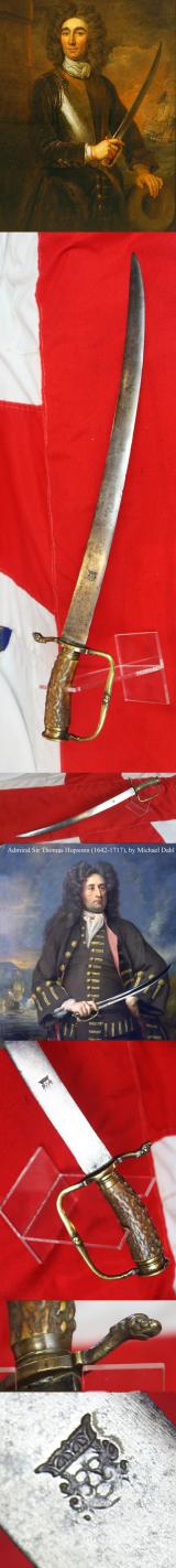 A Very Fine, 17th Century, King 'William & Queen Mary' Period Hangar Sword Cutlass of Senior Naval Officer's Admirals and Captains of the Royal Navy. Plus Infamous Pirates 🏴‍☠️.. King's Head Stamped Blade