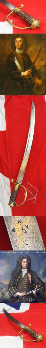 A Very Fine, 17th Century, King 'William & Queen Mary' Period Hangar Sword Cutlass of Senior Naval Officer's Admirals and Captains of the Royal Navy. & Notorious Pirates 🏴‍☠️ Gold Inlaid Flower Head Stamped Blade