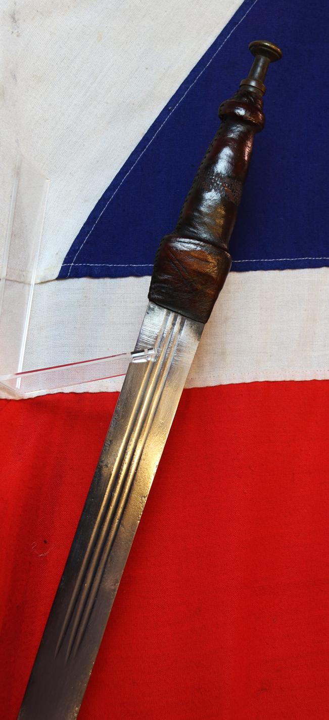 An Antique, 19th Century Long & Straight Sword of A Mandinka Warrior, West African, Very Long Fluted Broadsword Blade With Leather Covered Baluster Hilt, .