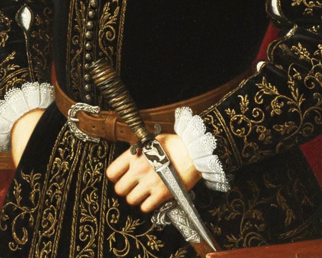 Italian Hunting Dagger, Republic of Genoa, Ligurian 17th - 18th Century. Spiral Twist Carved Multi Coloured Horn with Silver Inserts. Blade with Baluster Shaped Forte Of A Finely Engraved Ricasso, Two Symmetrical Edges To The Tip.