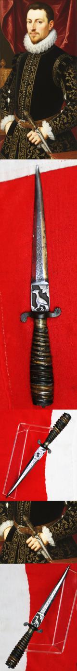 Italian Hunting Dagger, Republic of Genoa, Ligurian 17th - 18th Century. Spiral Twist Carved Multi Coloured Horn with Silver Inserts. Blade with Baluster Shaped Forte Of A Finely Engraved Ricasso, Two Symmetrical Edges To The Tip.