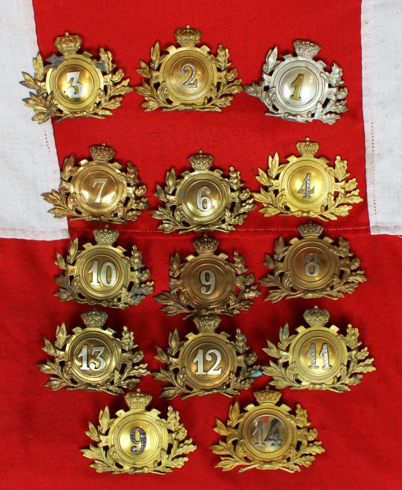 Rarely Seen Original WW1 Line Infantry Belgian Shako Helmet Plates. A Complete Set. Used In 1914 At The Early Part of WW1. The Combined Dress and Combat Helmet Before the Adrian Steel Helmet Was Produced. Maker Marked by Fonson & Fils