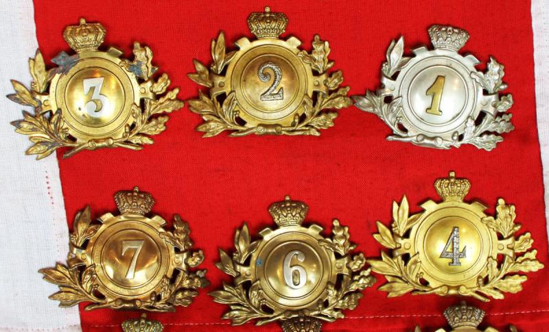 Rarely Seen Original WW1 Line Infantry Belgian Shako Helmet Plates. A Complete Set. Used In 1914 At The Early Part of WW1. The Combined Dress and Combat Helmet Before the Adrian Steel Helmet Was Produced. Maker Marked by Fonson & Fils