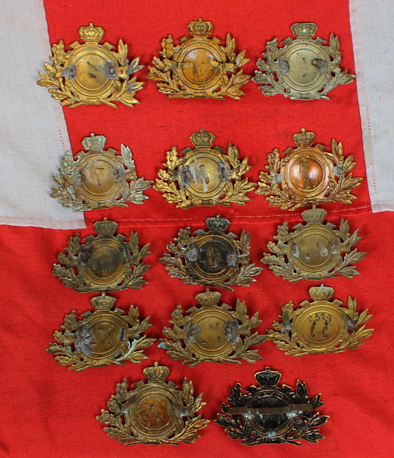 Rarely Seen Original WW1 Line Infantry Belgian Shako Helmet Plates. A Complete Set. Used In 1914 At The Early Part of WW1. The Combined Dress and Combat Helmet Before the Adrian Steel Helmet Was Produced. Maker Marked by Fonson & Fils
