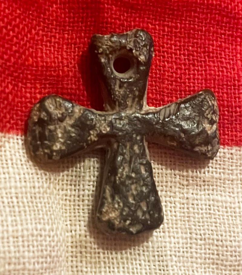 A Most Rare Original Anglo Saxon Bronze Crucifix Pendant Around 1000 to 1300 Years Old. One Side Engraved With Stylized Palm Tree Fronds. From Stamford Bridge Region Excavated in 1820