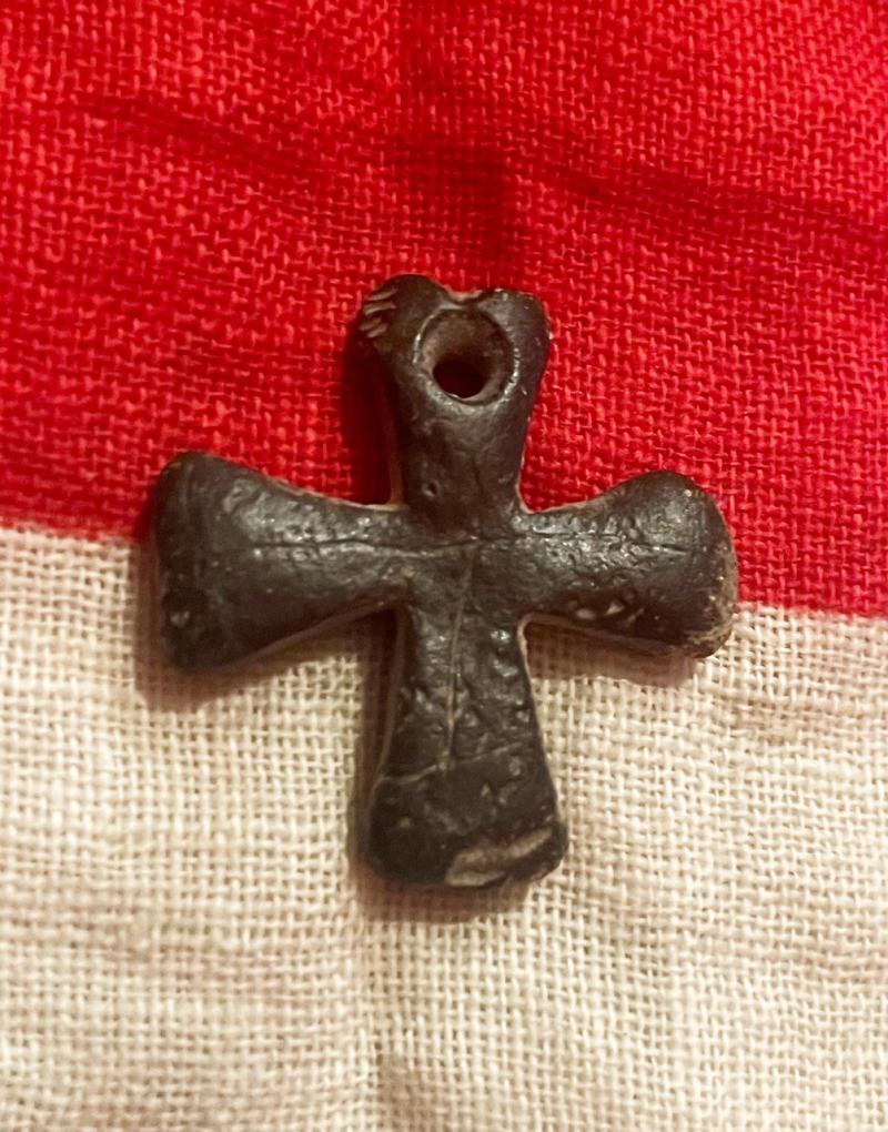 A Most Rare Original Anglo Saxon Bronze Crucifix Pendant Around 1000 to 1300 Years Old. One Side Engraved With Stylized Palm Tree Fronds. From Stamford Bridge Region Excavated in 1820