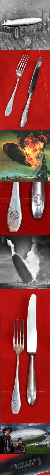 A1930's Third Reich, Deutsche Zeppelin-Reederei Air Ship Silver Knife & Fork, From The Hindenberg Dining Room, Allegedly Recovered After The Crash By a Lakehurst Based Military Officer. Made by Gebr.Hepp {the Hepp Brothers}