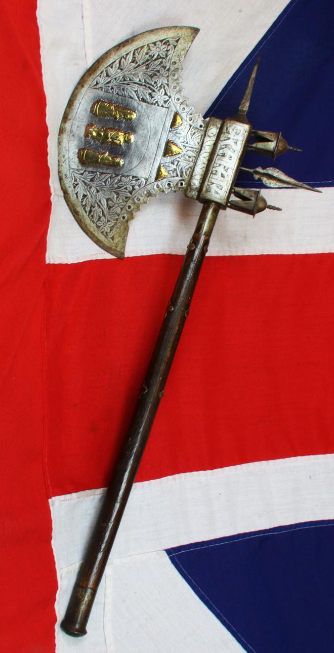 An Amazing, Huge, Antique Indian Ceremonial Steel Tabar Axe Inlaid in Brass, With Scene of Krishna & Temple Decor. Massive Crescentric Blade and Spike End, And Steel Chhajjas