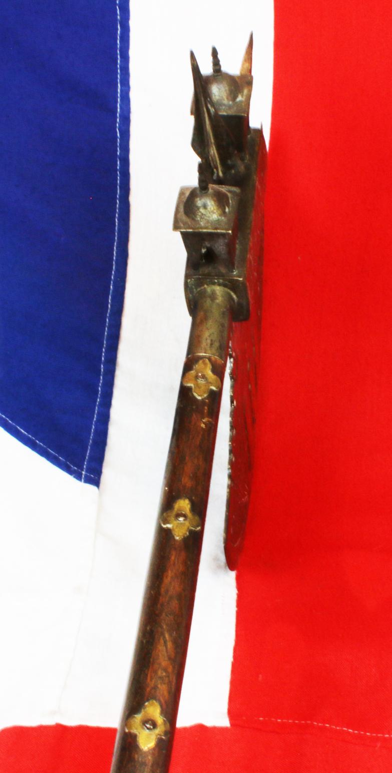 An Amazing, Huge, Antique Indian Ceremonial Steel Tabar Axe Inlaid in Brass, With Scene of Krishna & Temple Decor. Massive Crescentric Blade and Spike End, And Steel Chhajjas