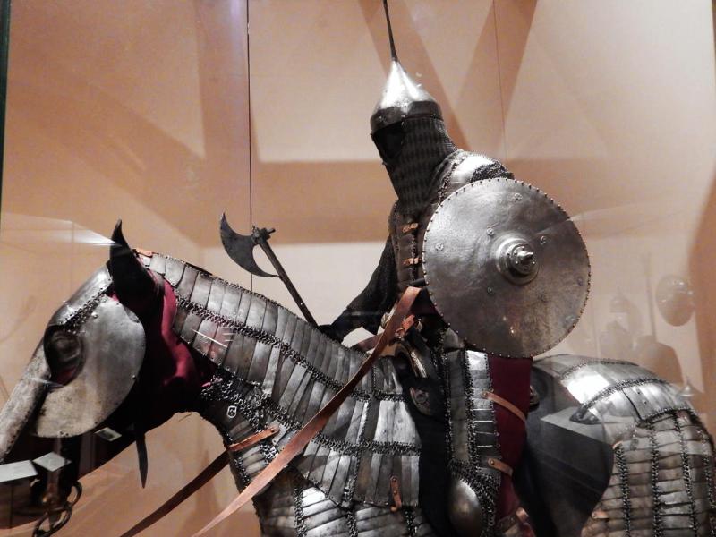 An Amazing, Huge, Antique Indian Ceremonial Steel Tabar Axe Inlaid in Brass, With Scene of Krishna & Temple Decor. Massive Crescentric Blade and Spike End, And Steel Chhajjas
