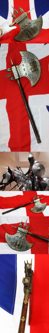 An Amazing, Huge, Antique Indian Ceremonial Steel Tabar Axe Inlaid in Brass, With Scene of Krishna & Temple Decor. Massive Crescentric Blade and Spike End, And Steel Chhajjas