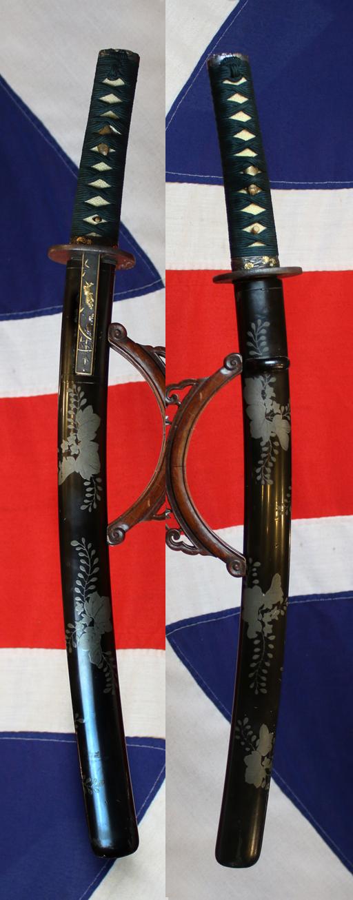 Beautiful Koto Wakazashi, 16th Century, Soten School Fuchgashira, Goto Shishi Lion Dog Kozuka, Silver Urushi Aoi Leaf Lacquer Decor Saya, Hira-zogan Tetsu Shinto Tsuba Inlaid With Kinko Weeping Willow