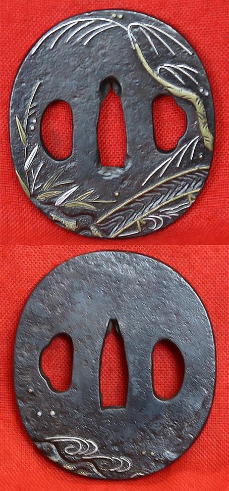 Beautiful Koto Wakazashi, 16th Century, Soten School Fuchgashira, Goto Shishi Lion Dog Kozuka, Silver Urushi Aoi Leaf Lacquer Decor Saya, Hira-zogan Tetsu Shinto Tsuba Inlaid With Kinko Weeping Willow