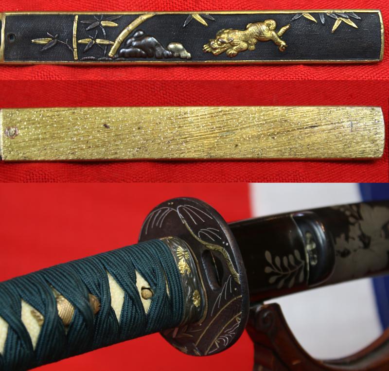 Beautiful Koto Wakazashi, 16th Century, Soten School Fuchgashira, Goto Shishi Lion Dog Kozuka, Silver Urushi Aoi Leaf Lacquer Decor Saya, Hira-zogan Tetsu Shinto Tsuba Inlaid With Kinko Weeping Willow