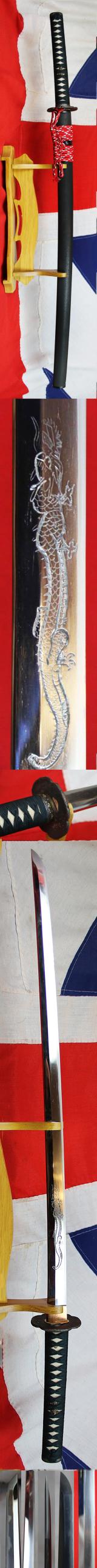 A Stunning, Antique, Edo Period Circa 1660 'Dragon Horimono' Shinto Horseman's Katana. With A Carved Horimono Blade of a Dragon. With a Superb Suguha Hamon That Transforms With Choji Elements At The Top Section