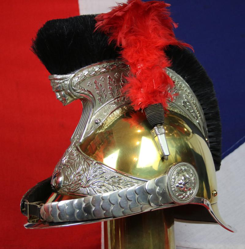 Superb & Stunning Antique French Gendarmerie Cavalry Helmet . Maker Marked, B. Frank, Aubervilliers. This Original Antique French Cavalry Combat and Full Dress Service Helmet Is An Absolute Beauty In As Close To Mint Condition As It Is Possible To Be