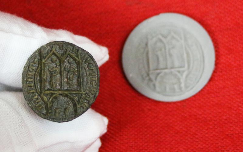Most Rare and Intriguing, Original 1300's, Medieval Ecclesiastical Personal Bronze Seal Matrix of Two Figures Each in a Lancet Arch, Engraved At The Rim St Philip {the Apostle}. Over 700 Years Old. With Potential Connection to Kirkham Priory, Yorkshire