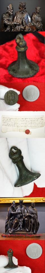 Most Rare and Intriguing, Original 1300's, Medieval Ecclesiastical Personal Bronze Seal Matrix of Two Figures Each in a Lancet Arch, Engraved At The Rim St Philip {the Apostle}. Over 700 Years Old. With Potential Connection to Kirkham Priory, Yorkshire