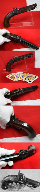 An Original, Antique, Small Continental 'Derringer' Back-Action Percussion Lock Pocket Pistol Circa 1840. Fancy Engraved Lock. Blued Steel Finish