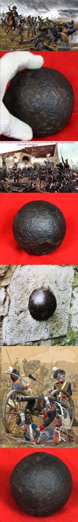 A Superb Original Waterloo Recovered Souvenir '6 Pounder ' Royal Artillery Cannon Ball Fired at La Haye Sainte During The Battle, Recovered From The Farm. With Clear Impact Site To The Ball.