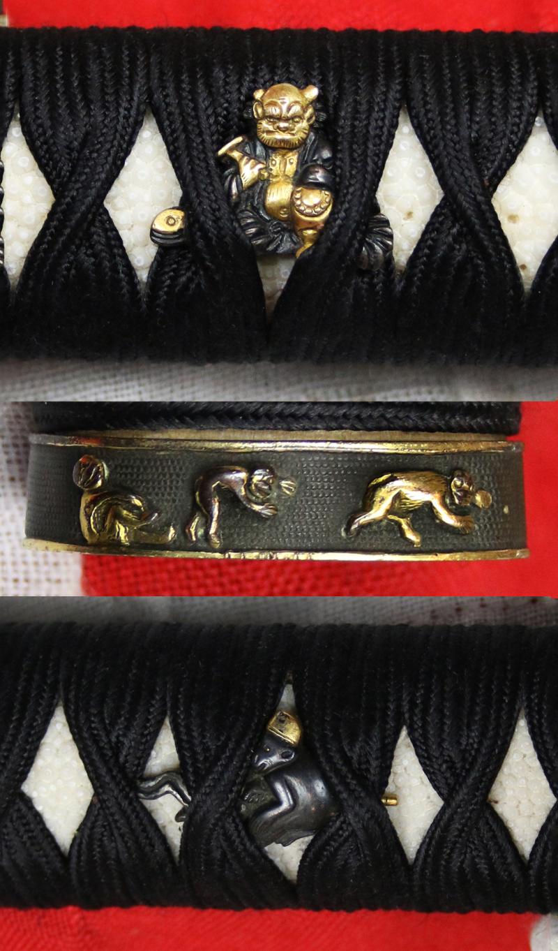 A Simply Stunning A Fabulous Original Antique Shinto Early Edo Period Chisa Katana. Wondrous Pure Gold and Shakudo Mounts Of The Tale of Momotarō, the Demon and The Monkey. Superbly Beautiful Blade Hamon and Hada Grain