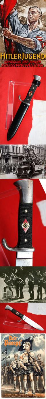 A Good Hitler Jugend Dagger 1936 By Puma {Coded M7/27} Blut und Ehre Blade. Scarce Transitional Early Period Dagger Which Bears Its Makers Name and RZM Code