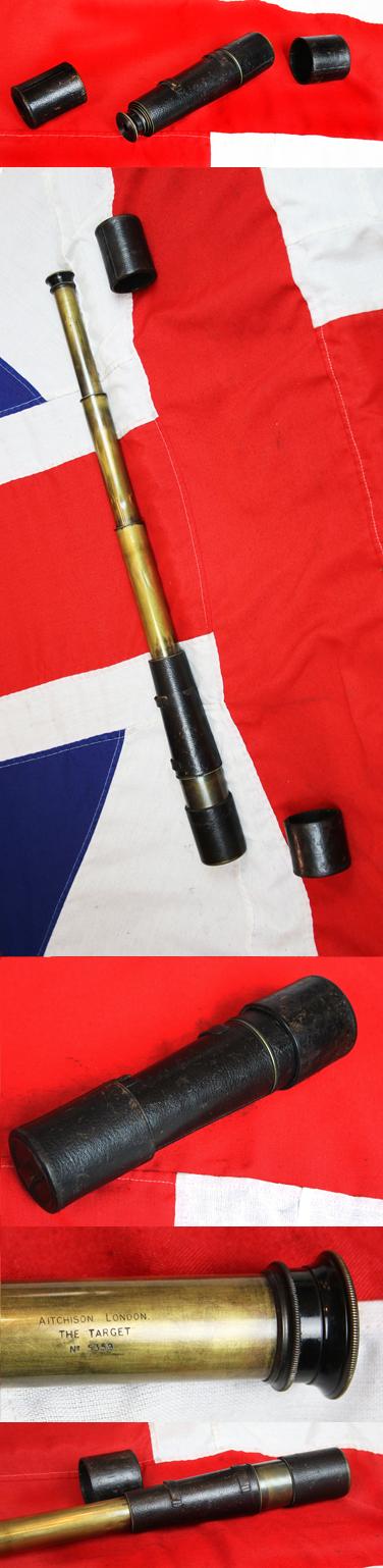 Aitchison of London, Late Antique 'Three Draw' Military Sniper Spotter's Telescope. In Great Untouched Condition & Superb Optics. With Boer War Pattern, Regulation, Rifle Brigade Black Leather Protection Covering, With Fore & Aft Covers
