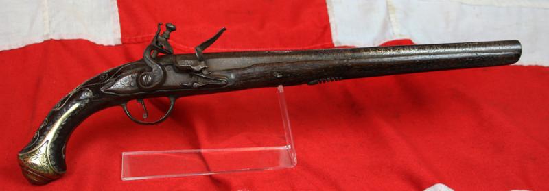 A Superb Corsair Pirate Captain’s Pistol. An I8th Century Long Flintlock, Italianate Style. Very Fine Quality Mounts and Engraving From The Mediterranean Region, as Used Throughout the Seven Seas From the Golden Age of Piracy.