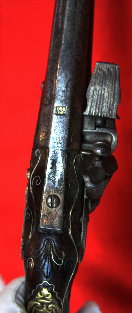 A Superb Corsair Pirate Captain’s Pistol. An I8th Century Long Flintlock, Italianate Style. Very Fine Quality Mounts and Engraving From The Mediterranean Region, as Used Throughout the Seven Seas From the Golden Age of Piracy.
