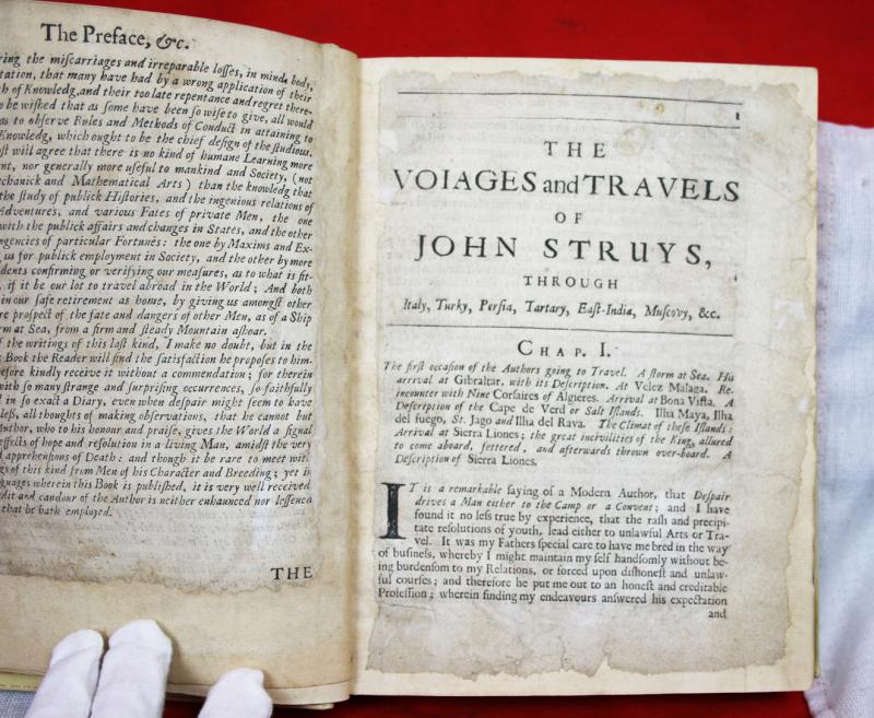 A Super Rare & Important Historical Volume, Superbly Bound in Vellum, of :The Voiages and Travels of John Struys through Italy, Greece, Muscovy, Tartary, Media, Persia, East-India, Japan, and other Countries in Europe, Africa, and Asia Published in 1684