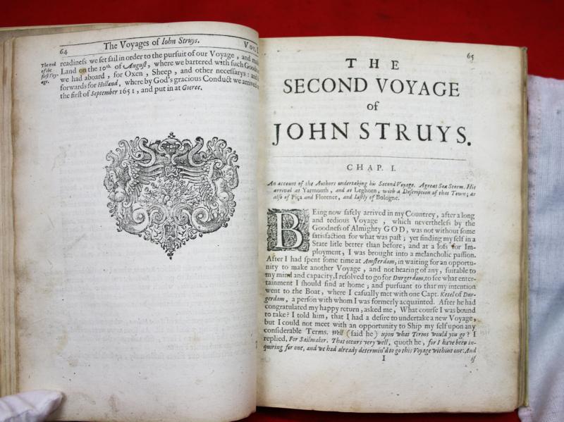 A Super Rare & Important Historical Volume, Superbly Bound in Vellum, of :The Voiages and Travels of John Struys through Italy, Greece, Muscovy, Tartary, Media, Persia, East-India, Japan, and other Countries in Europe, Africa, and Asia Published in 1684