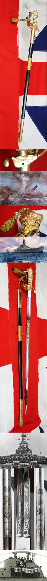 Royal Naval Officer's Sword of Lt. O.S.V. Waterlow D.S.O. M.i.D. A Officer of 'The Mighty Hood', Battlecruiser, HMS Hood. For 20 Years The Largest Warship In the World Tragically Sunk by the German Battleship Bismark May 1941. & The Loss of 1415 Crew
