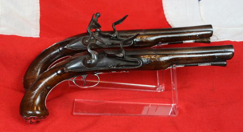 A Pair Of Finest Irish Silver Mounted Holster Pistols By John Govers Of Dame St. Dublin 1760. Finest Silver Cartouches Each One Engraved With The Original Owner, An Irish Duke's, Noble Crests, Of Irish Ducal Crowned Lions Passant, Set In Noble Shields