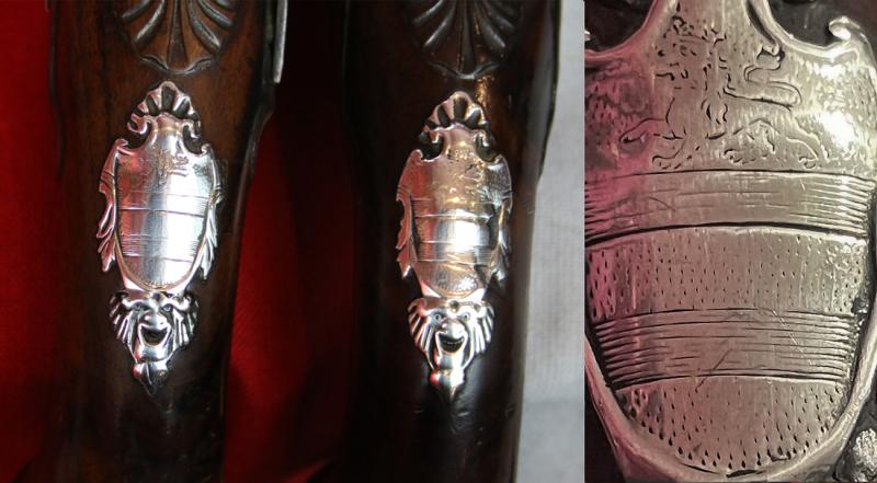A Pair Of Finest Irish Silver Mounted Holster Pistols By John Govers Of Dame St. Dublin 1760. Finest Silver Cartouches Each One Engraved With The Original Owner, An Irish Duke's, Noble Crests, Of Irish Ducal Crowned Lions Passant, Set In Noble Shields