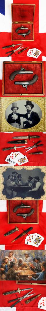 Superb Collection of 19th Cent, American Gamblers Collectors Items. A Fine 'American Cased’ Pair of Derringers by Wilson, a Colt Derringer, American Bowie Knives, One With Scabbard & Another Folding Pocket Bowie & A Scarce Scissors Dagger {Now Sold!}
