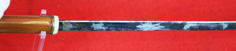 A Fine, Original, 19th Century Antique, King George IIIrd Carved Hound's Head Long Bladed Swordstick. Carved Ivory Head & Blue and Gilt Finely Engraved Steel Blade. Finest Quality Bamboo Handle and Haft