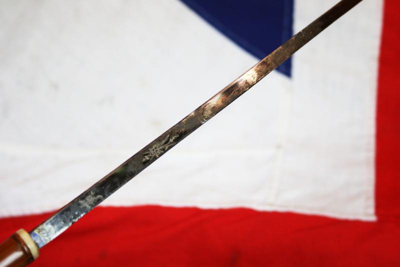 A Fine, Original, 19th Century Antique, King George IIIrd Carved Hound's Head Long Bladed Swordstick. Carved Ivory Head & Blue and Gilt Finely Engraved Steel Blade. Finest Quality Bamboo Handle and Haft