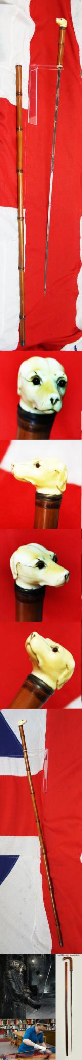 A Fine, Original, 19th Century Antique, King George IIIrd Carved Hound's Head Long Bladed Swordstick. Carved Ivory Head & Blue and Gilt Finely Engraved Steel Blade. Finest Quality Bamboo Handle and Haft