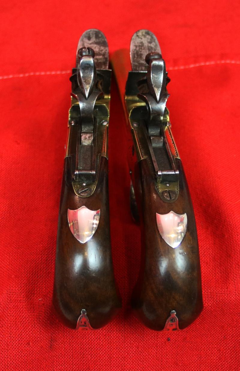 A Superb Pair of 18th Century Naval Ship Captain's Pistols, Dated 1783, with All Brass Frames and Barrels and Hallmarked Silver Buttcaps. By Master Gunsmith John Rea of London
