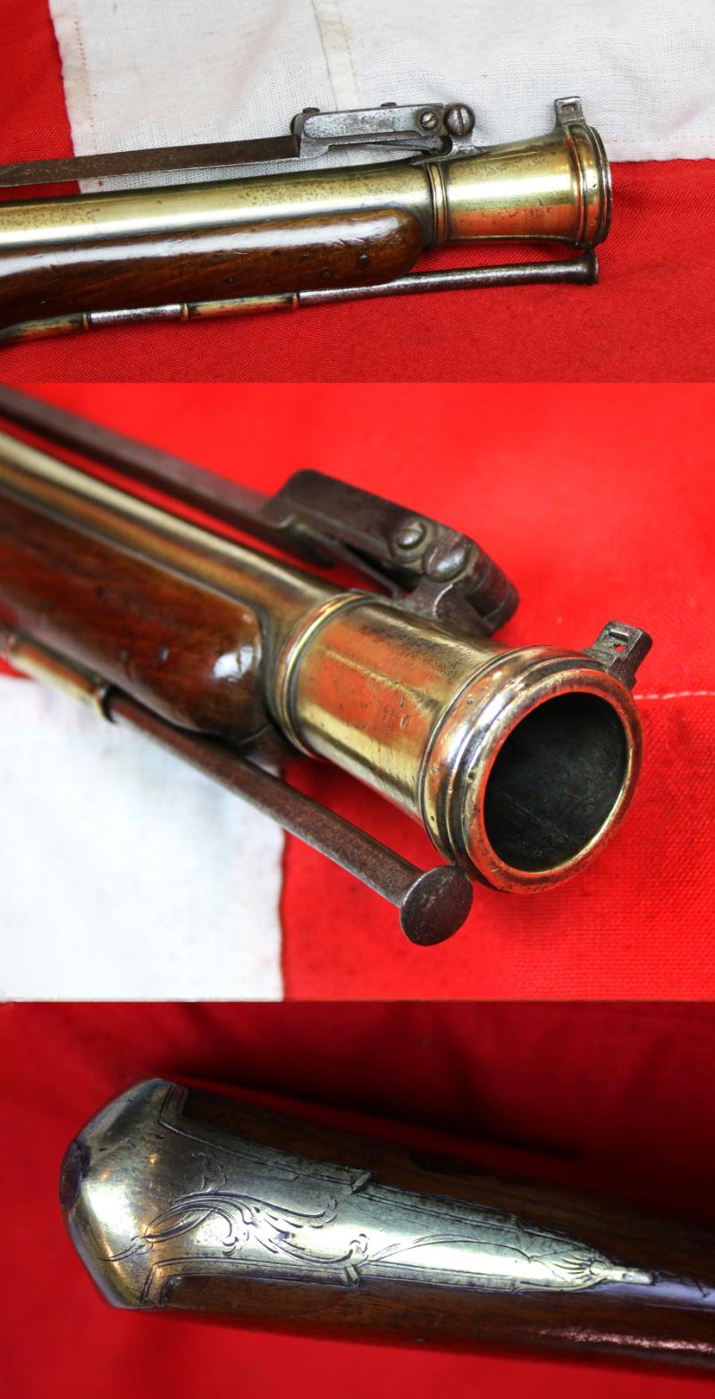 A Superb Royal Naval, Brass Cannon Barrel Blunderbuss With Finest 'Juglans Regia' Walnut Stock Spring Bayonet, Elaborately Engraved All Brass Furniture, by Daykin of Nottingham